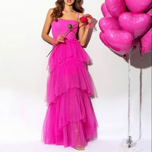 Betsy & Adam Tiered Tulle Ruffle Corset Gown Dress Sz 10 Hot Pink Mesh NEW $308 - Picture 10 of 10